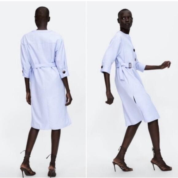 Zara Dress Womens XL Blue Belted Shirt Midi Henley 3/4 Sleeve Work Office - Picture 3 of 8